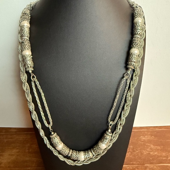 Silver Tone Chain and Faux Pearl layered Necklace with Organic Design - Picture 9 of 15